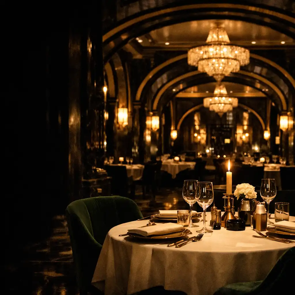 Elegant dining table beneath warm chandelier light in a grand resort dining room