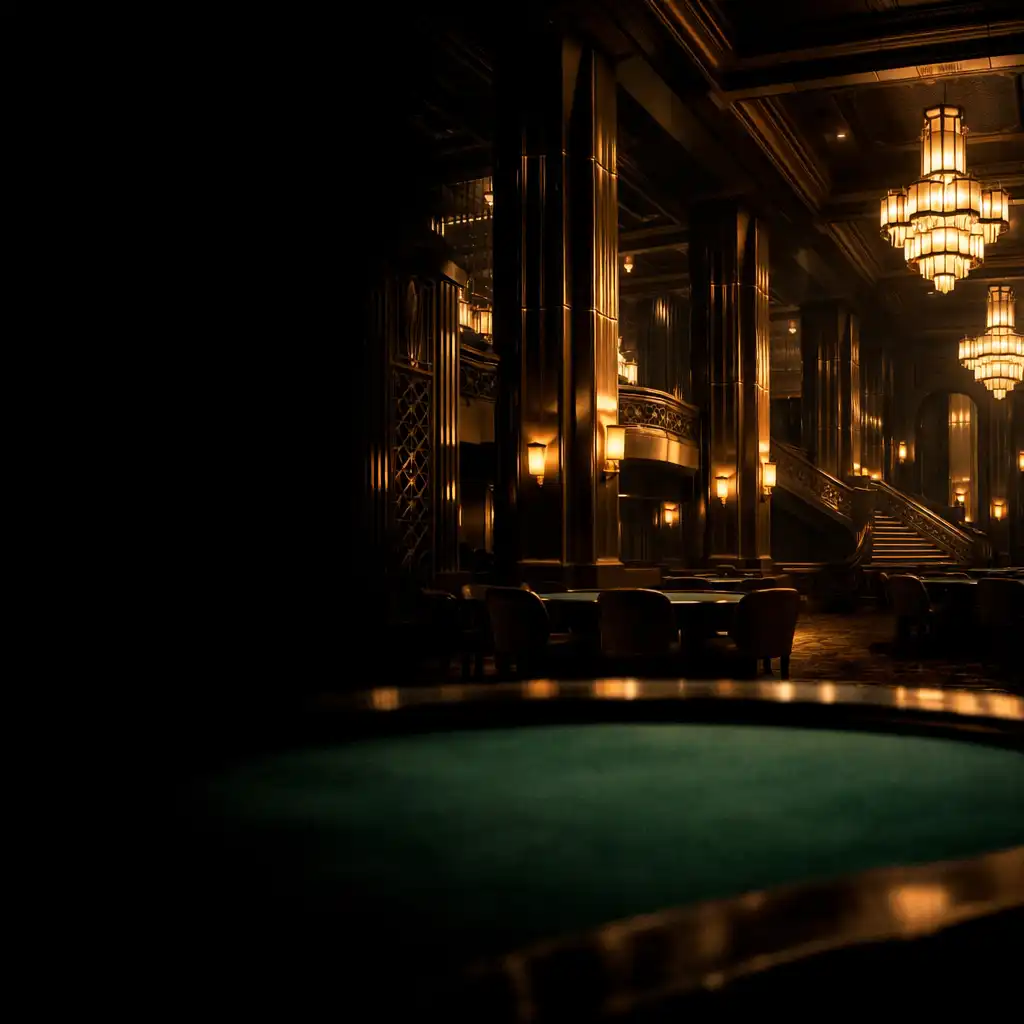Grand Art Deco casino hall with geometric columns, chandeliers and emerald architectural details