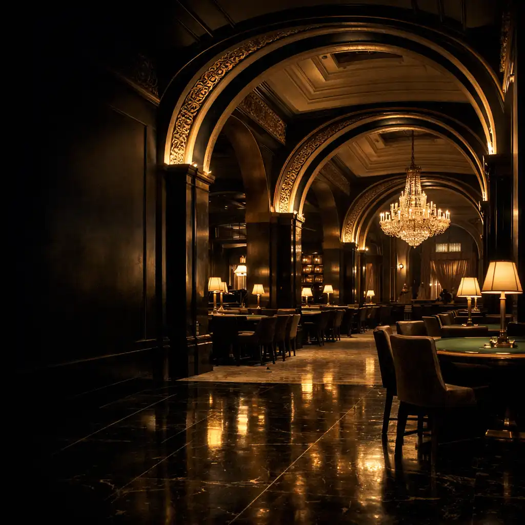Art Deco arches and chandelier within the grand hall at Palaceacehotelcasino Grand Resort