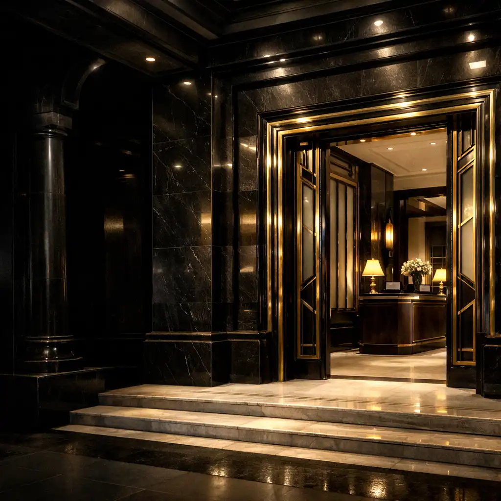 Brass-framed palace doorway and softly lit concierge arrival area