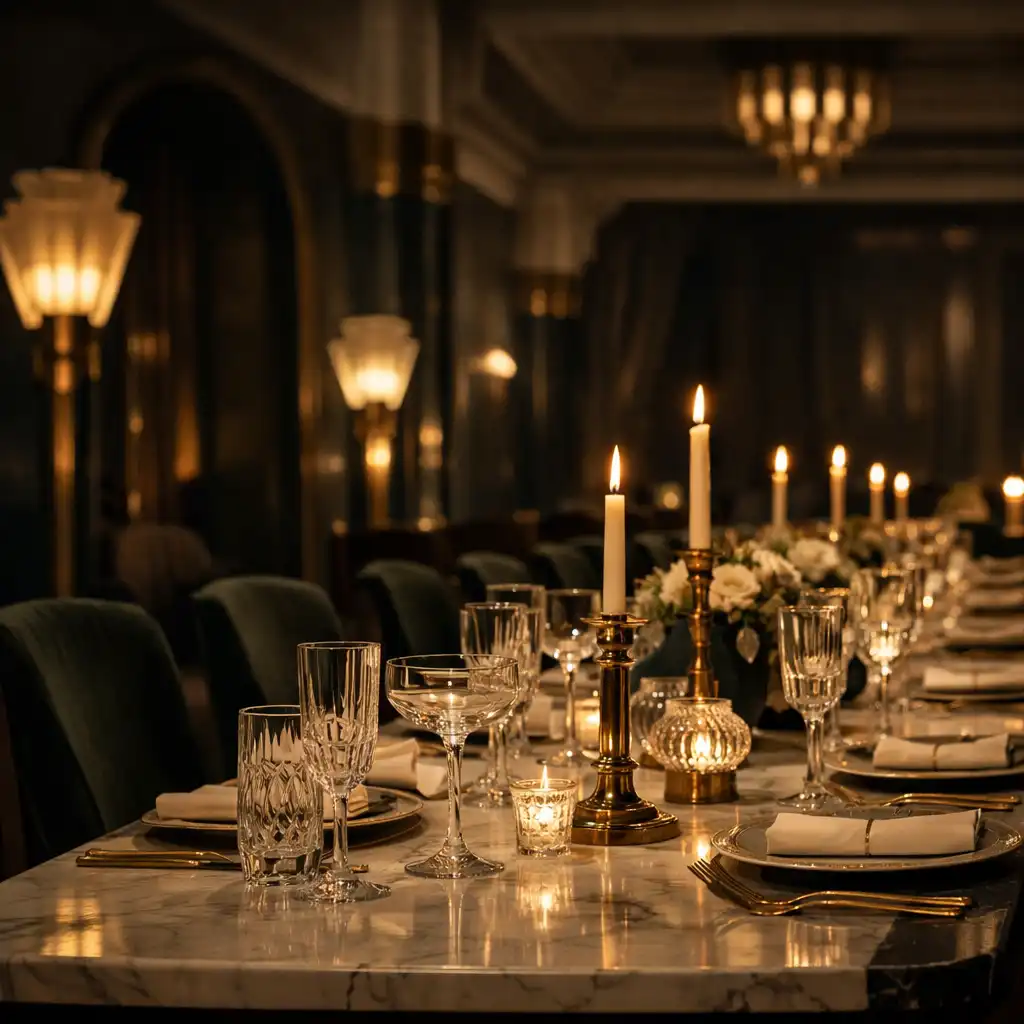 Sit-down restaurant table set for dinner in the Grand Dining dining room