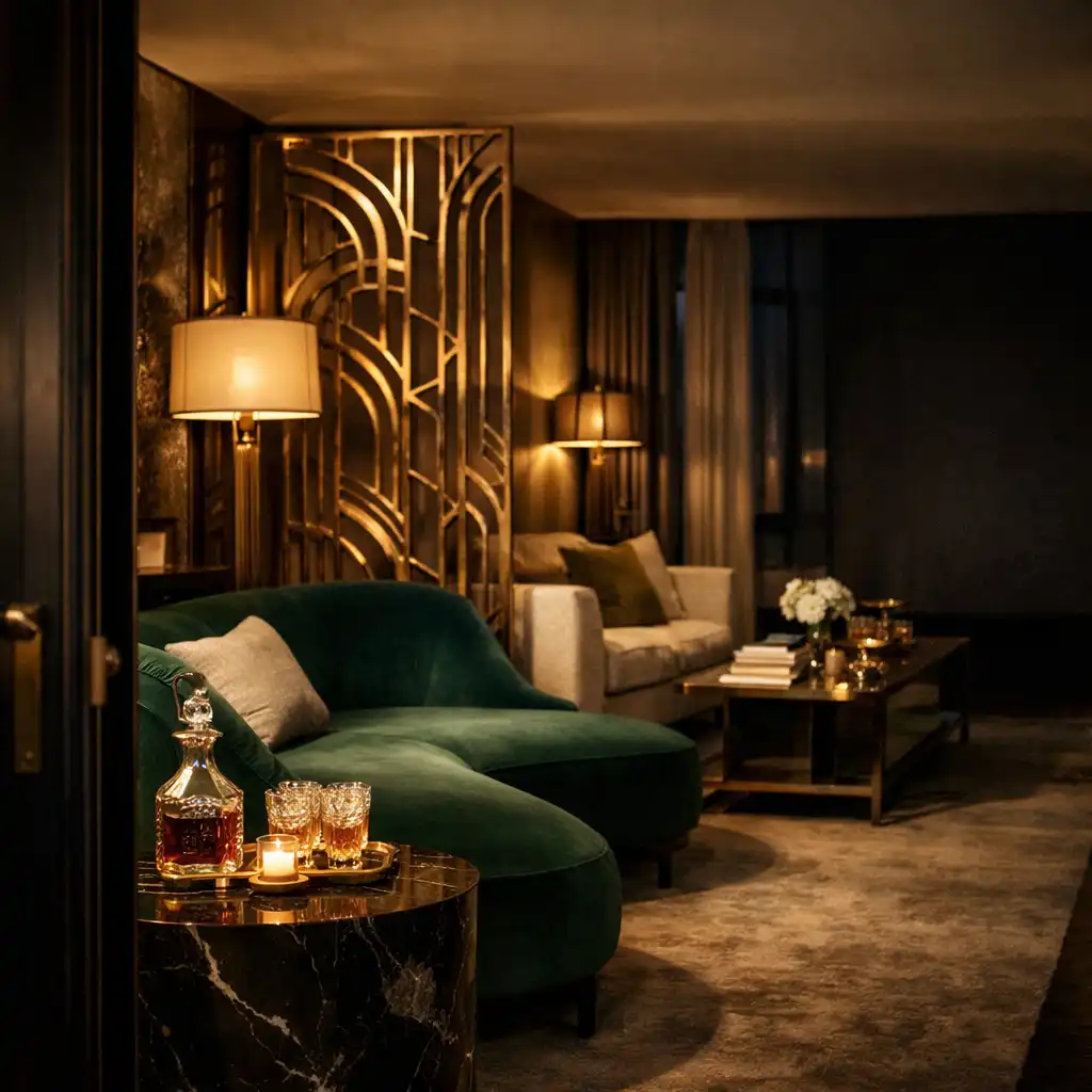 Private penthouse salon with velvet seating, marble and brass Art Deco details