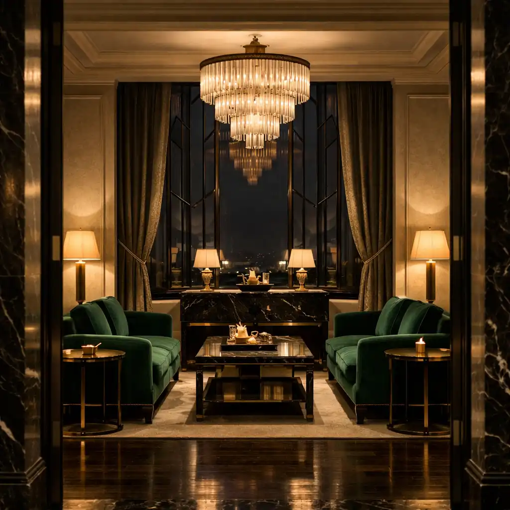 A warm-lit royal penthouse lounge with deep green seating, marble and brass details