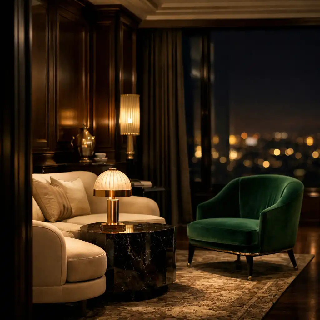 Refined royal penthouse salon with ivory seating and brass lighting