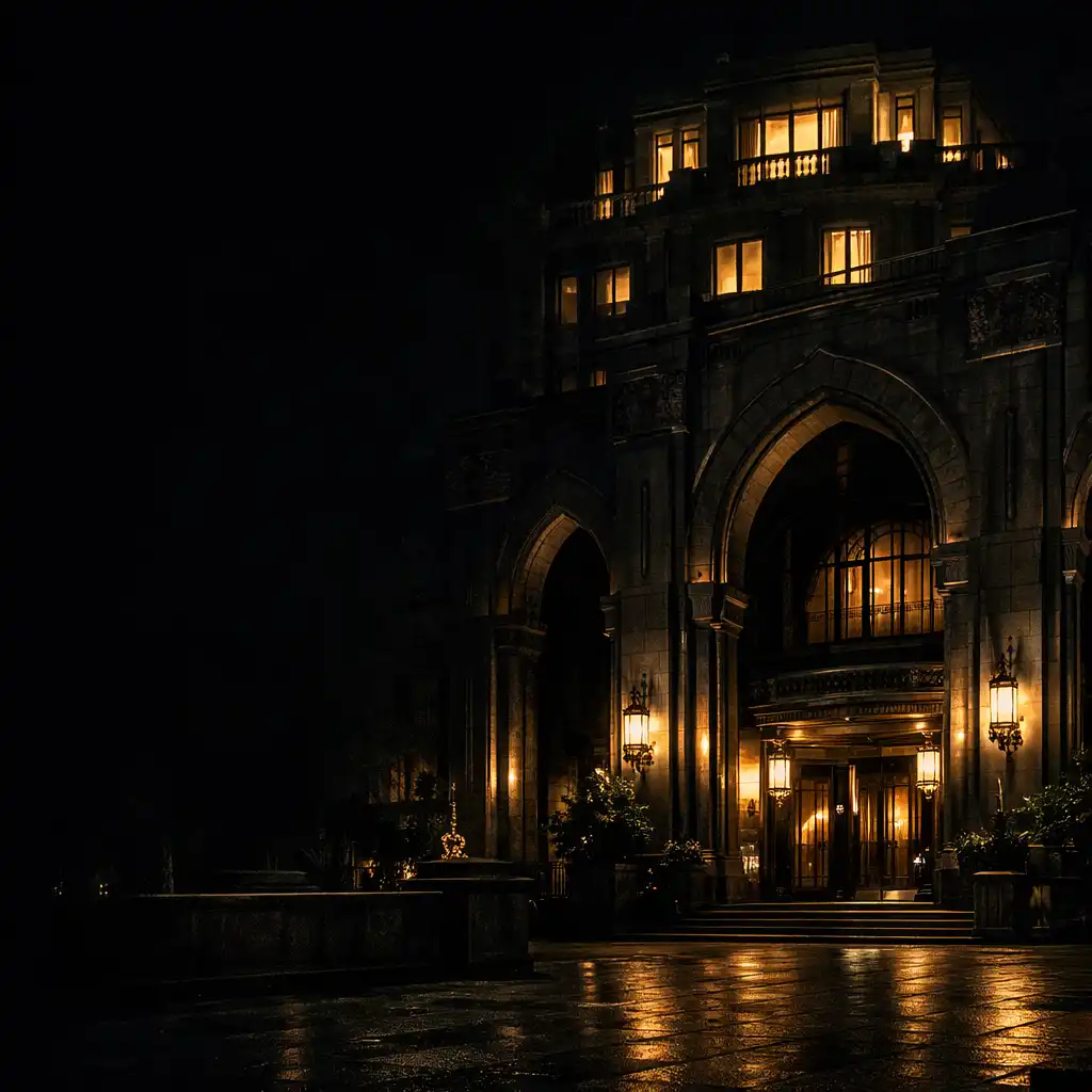 Grand palace-style hotel architecture in Sydney illuminated at night