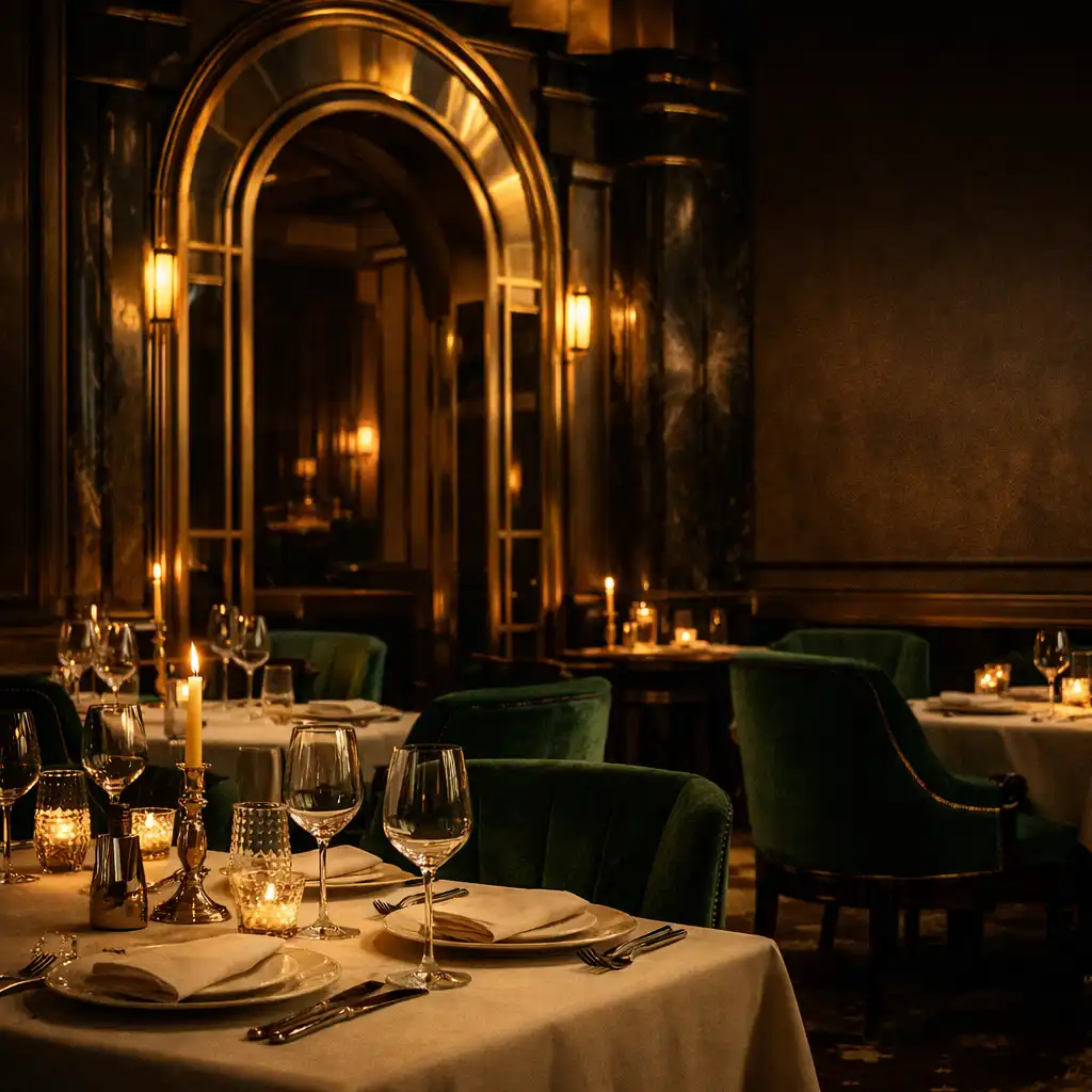 Grand Dining restaurant room with sit-down tables, ivory linens and brass lighting
