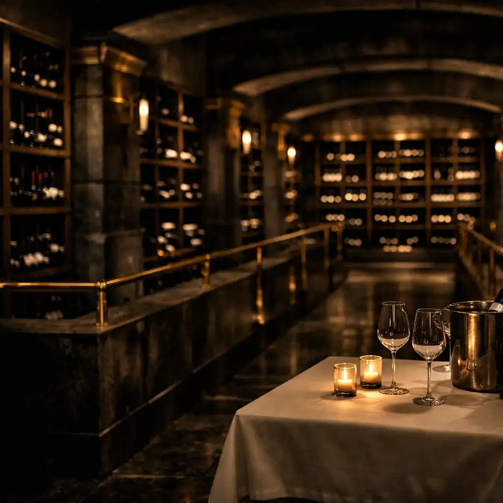 A shadowed hotel wine cellar aisle with stone, brass racks and warm candlelight