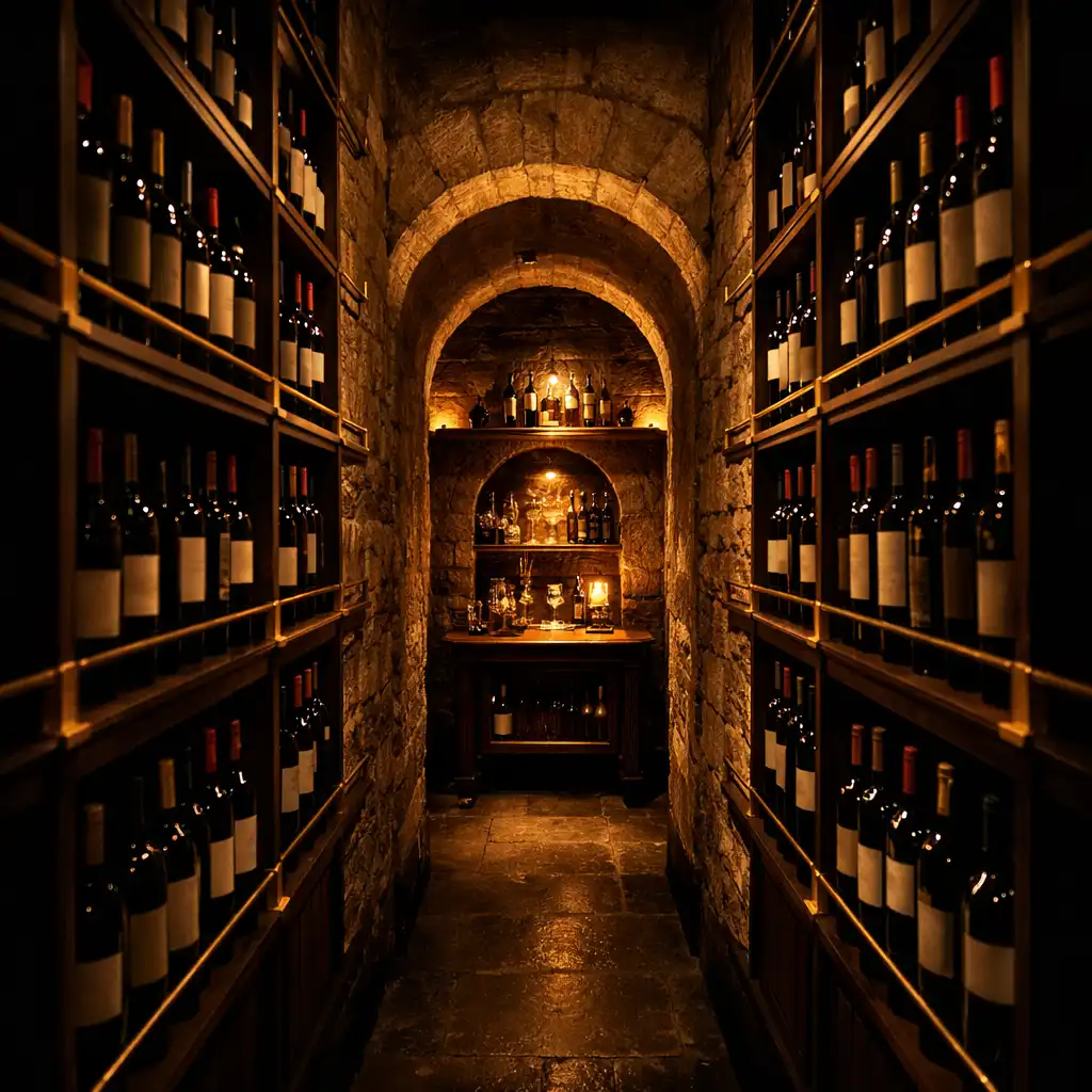 Symmetrical aisle in a private wine cellar with warm light at the far arch