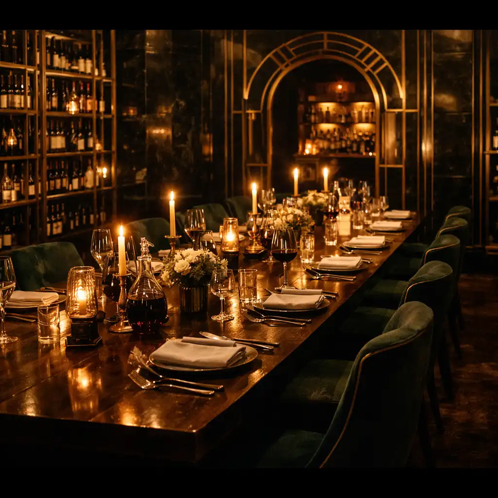 Candlelit dining table inside an elegant wine cellar dining room