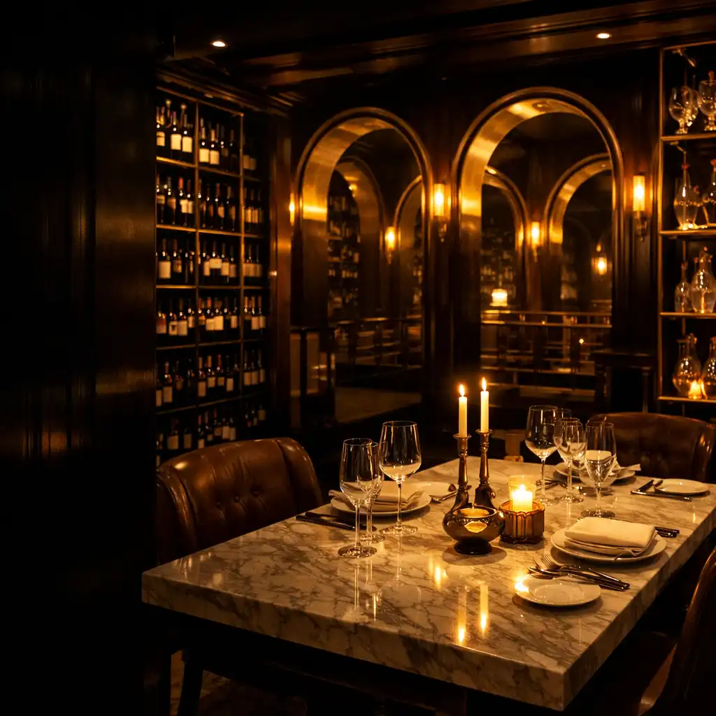 Warmly lit wine cellar arches and an elegantly set marble dining table