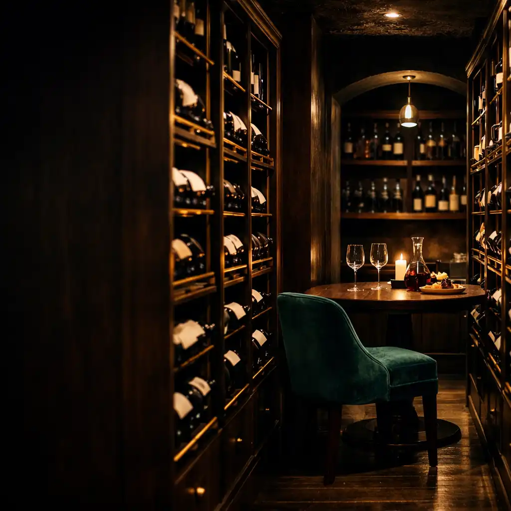 Warmly lit sommelier wine cellar with timber shelving and tasting table