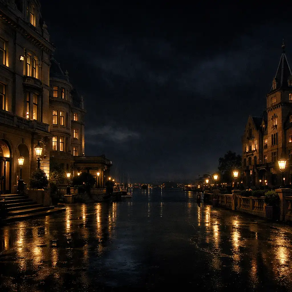 Nocturnal Sydney streetscape with warm architectural lights and reflective pavement