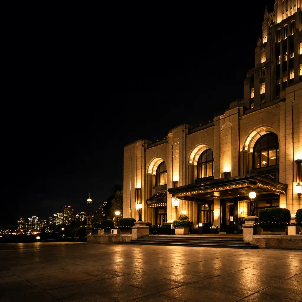Grand palace hotel entrance illuminated at night in Sydney