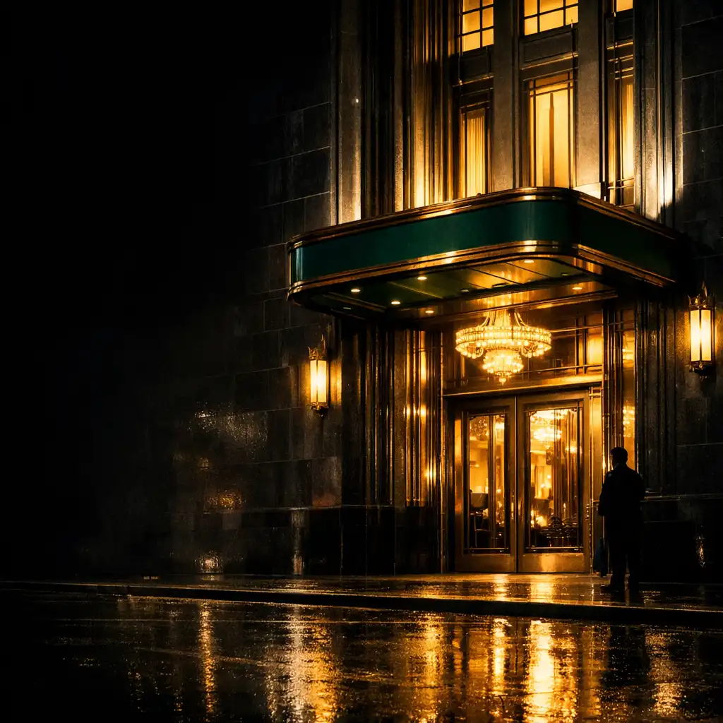 Nighttime Art Deco entrance of Palaceacehotelcasino Grand Resort