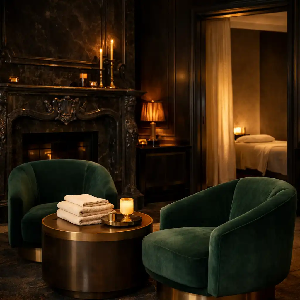 Emerald velvet lounge seating and softly lit doorway in a private resort salon
